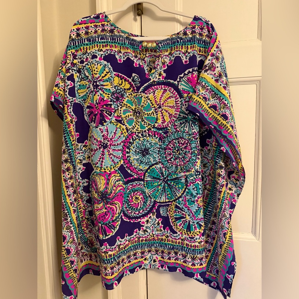 Lilly Pulitzer Lindamarie Skipping Stones Plum Silk Beach Caftan Sz XS